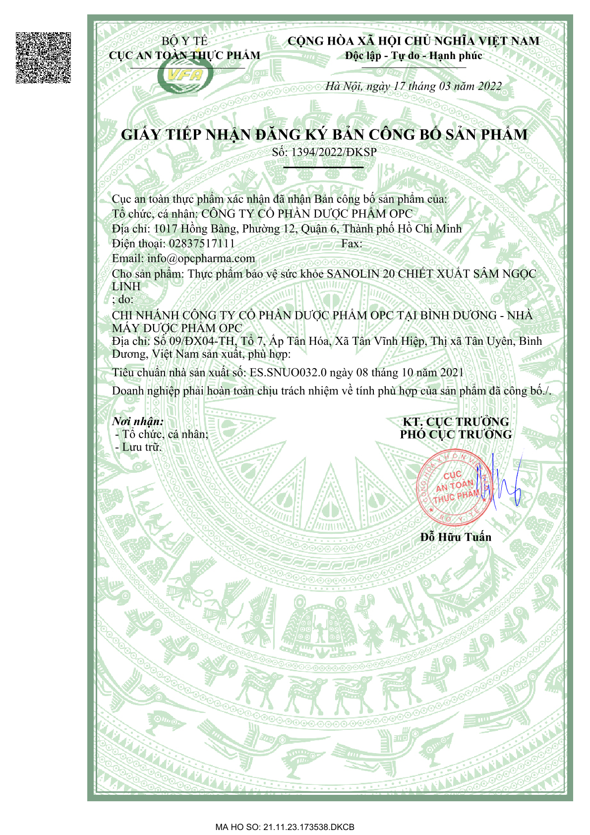 CBSP TPBVSK SANOLIN 20 chiết xuất Sâm Ngọc Linh 1394 CBSP TPBVSK SANOLIN 20 chiết xuất Sâm Ngọc Linh 1394