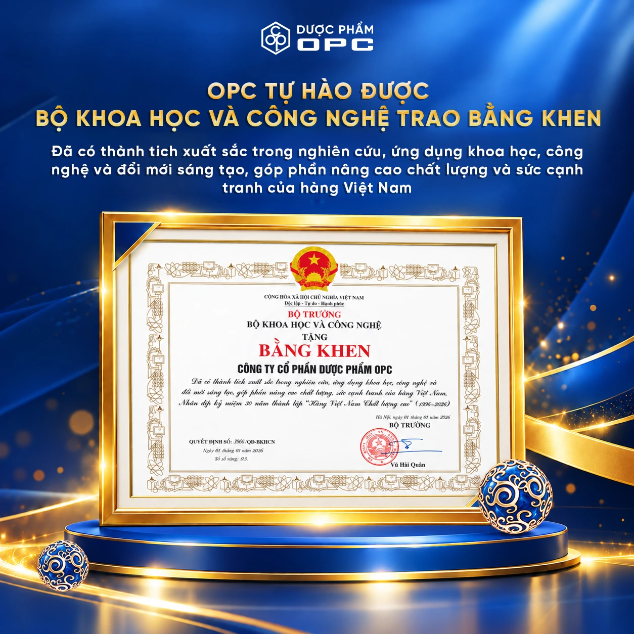 OPC được bộ Khoa học & Công nghệ trai bằng khen